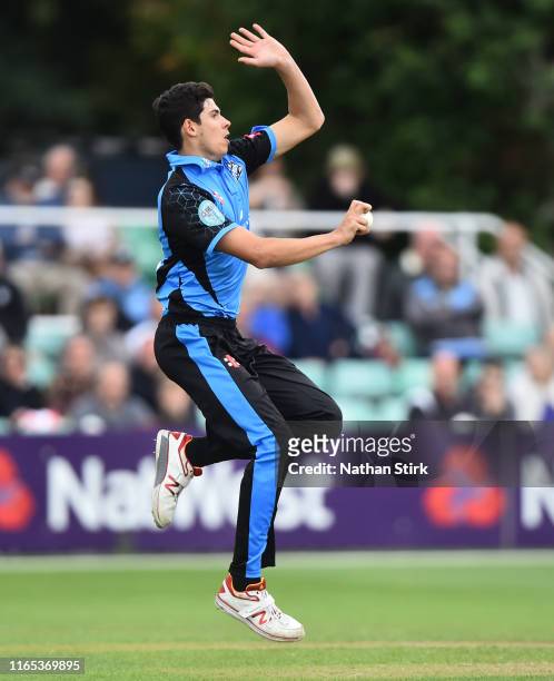 Pat Brown of Worcestershire runs into bowl during the Vitality Blast match between Worcestershire Rapids and Derbyshire Falcons at New Road on July...