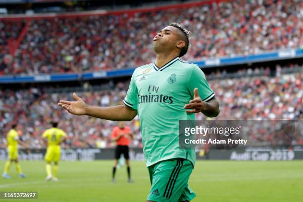 Mariano Diaz of Real Madrid celebrates scoring his sides fifth goal during the Audi cup 2019 3rd place match between Real Madrid and Fenerbahce at...