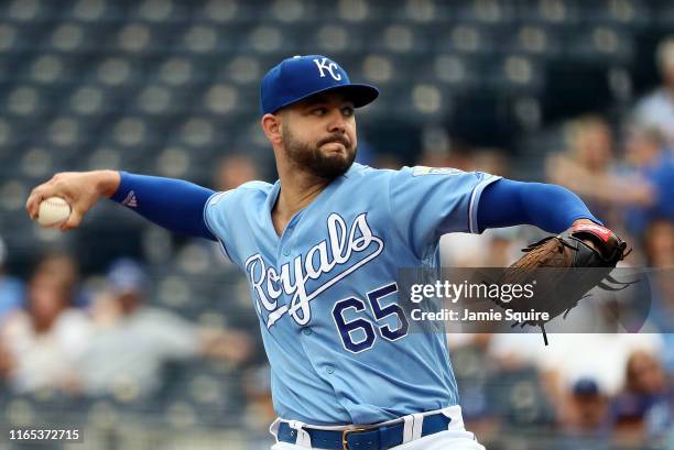 Starting pitcher Jakob Junis of the Kansas City Royals pitches during the 1st inning of the game against the Toronto Blue Jays at Kauffman Stadium on...