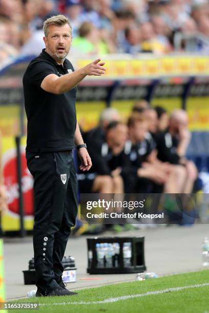 Head coach Head coach Sven Huebscher of Muenster reacts during the 3. Liga match between MSV Duisburg and Preussen Muenster at...