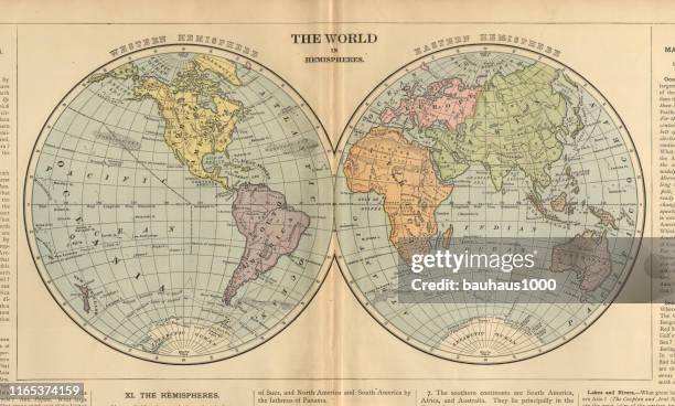 welt in dermisphären antike viktorianische gravierte farbige karte, 1899 - physische geographie stock-grafiken, -clipart, -cartoons und -symbole