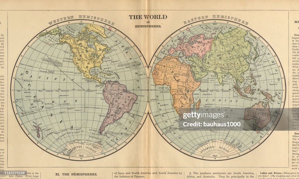 Mundo nos hemisférios Victorian antigo gravou o mapa colorido, 1899