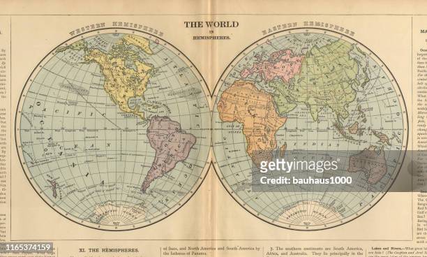 ilustrações de stock, clip art, desenhos animados e ícones de world in hemispheres antique victorian engraved colored map, 1899 - de arquivo