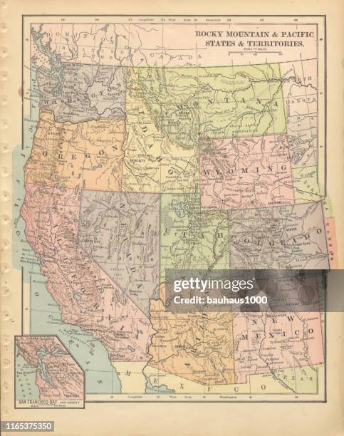 ilustraciones, imágenes clip art, dibujos animados e iconos de stock de montañas rocosas y estados y territorios del pacífico de los estados unidos de américa antiguo mapa de color escríbelo victoriano, 1899 - estados unidos del oeste