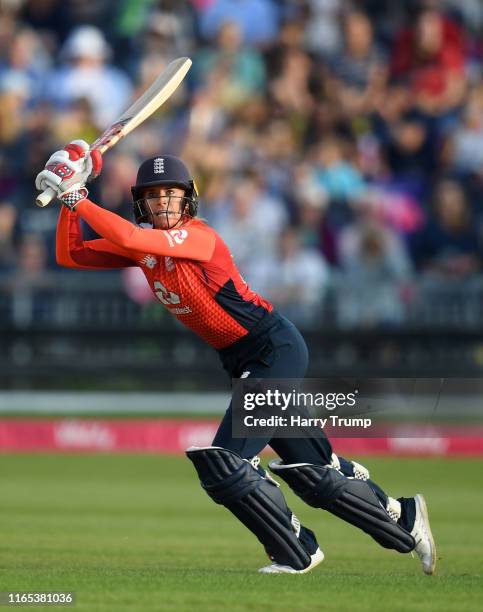 Lauren Winfield of England plays a shot during the 3rd Vitality Women's IT20 match between England and Australia at The County Ground on July 31,...