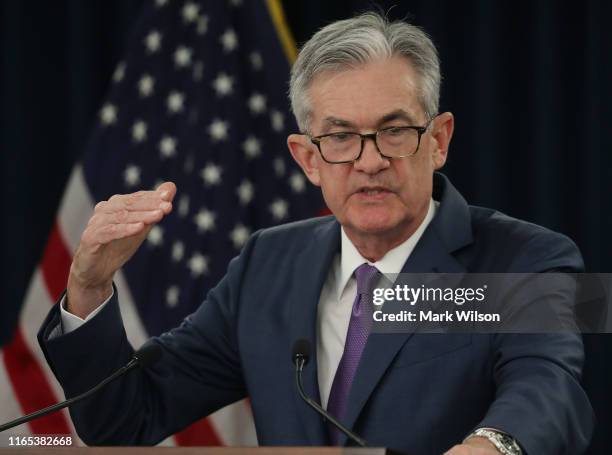 Federal Reserve Board Chairman Jerome Powell speaks during a news conference after the attending the Board’s two-day meeting on July 31, 2019 in...