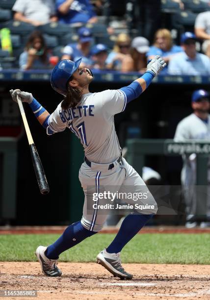 Bo Bichette of the Toronto Blue Jays bats during the game against the Kansas City Royals at Kauffman Stadium on July 31, 2019 in Kansas City,...