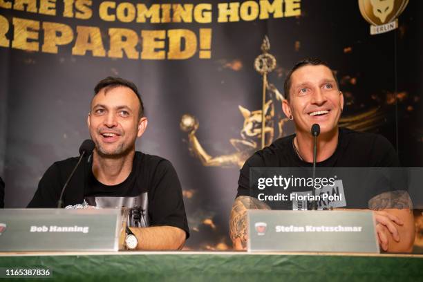 Manager Bob Hanning and sports director Stefan Kretzschmar of the Fuechse Berlin attend a press conference before the game between the Fuechse Berlin...