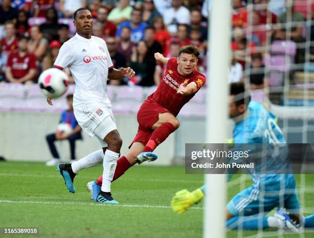 Bobby Duncan of Liverpool comes close during the Pre-Season Friendly match between Liverpool and Olympique Lyonnais at Stade de Geneve on July 31,...