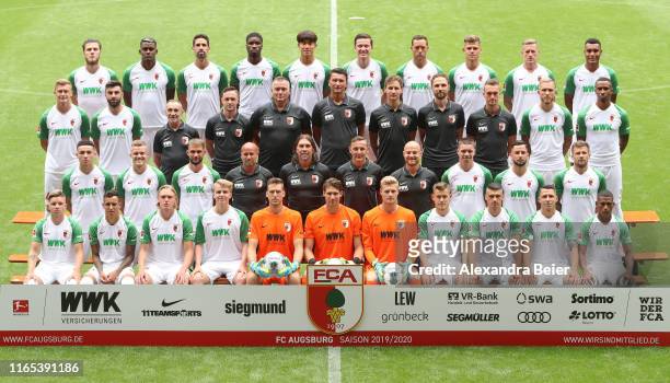 The team of FC Augsburg poses during the team presentation at WWK-Arena on July 31, 2019 in Augsburg, Germany. Front row L-R: Mads Pedersen, Amaral...