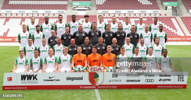 The team of FC Augsburg poses during the team presentation at WWK-Arena on July 31, 2019 in Augsburg, Germany. Front row L-R: Mads Pedersen, Amaral...