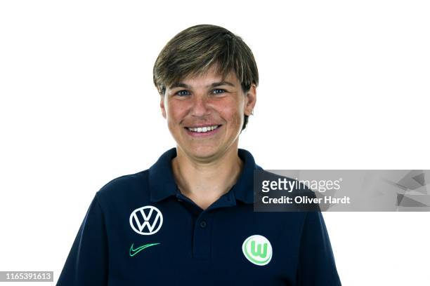 Coach Ariane Hingst of VfL Wolfsburg poses during the team presentation on July 30, 2019 in Wolfsburg, Germany.