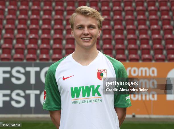 Felix Goetze of FC Augsburg poses during the team presentation at WWK-Arena on July 31, 2019 in Augsburg, Germany.