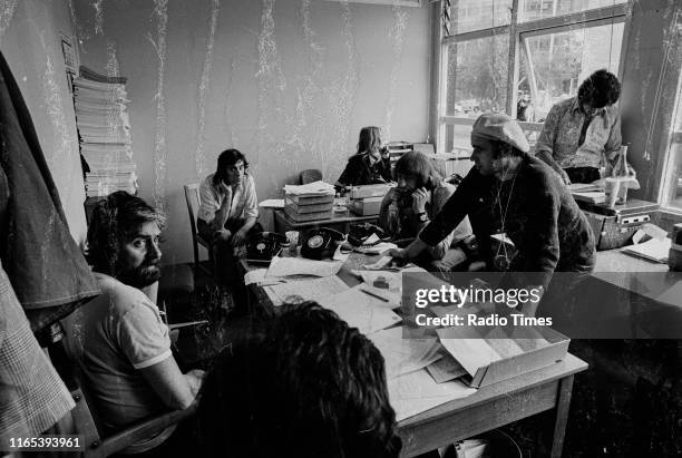 Writers Ian MacNaughton, Terry Jones, unknown, Graham Chpman, Neil Innes and Michael Palin in a script conference for BBC television show 'Monty...