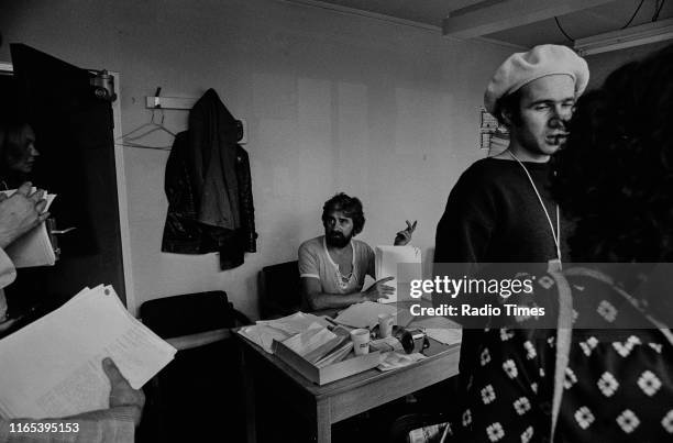 Writers Ian MacNaughton and Neil Innes in a script conference for BBC television show 'Monty Python's Flying Circus', 1974.