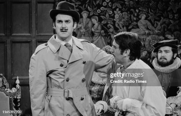 Comedians John Cleese and Terry Jones in a sketch from the BBC television show 'Monty Python's Flying Circus', December 4th 1971.