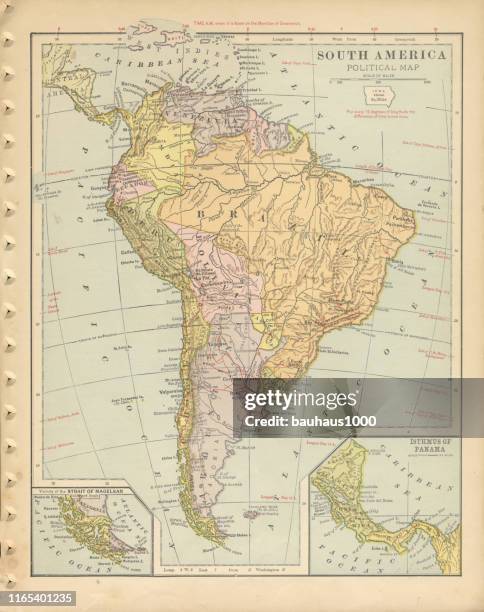 south america political map antique victorian engraved colored map, 1899 - ecuador map stock illustrations