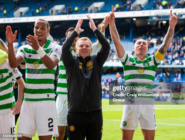 Celtic manager Neil Lennon celebrates during the Ladbrokes Premier match between Rangers and Celtic at Ibrox Stadium, on September 1 in Glasgow,...