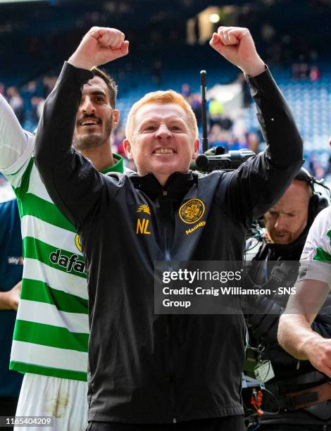 Celtic manager Neil Lennon celebrates during the Ladbrokes Premier match between Rangers and Celtic at Ibrox Stadium, on September 1 in Glasgow,...