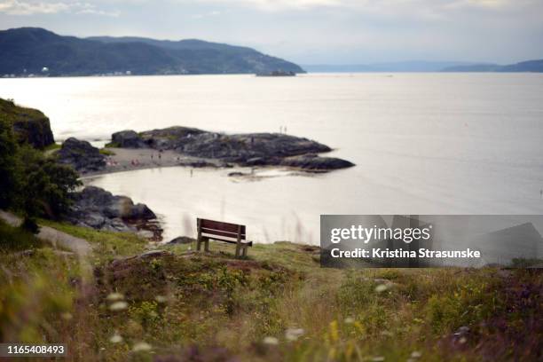 wooden bench by a sea - trondheim stock-fotos und bilder