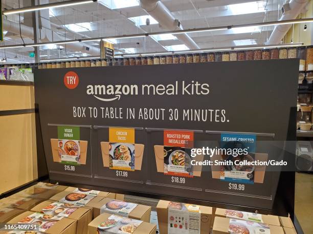 Sign for Amazon Meal Kits at a Whole Foods Market store in San Ramon, California, following the upscale grocery chain's acquisition by Amazon.com,...