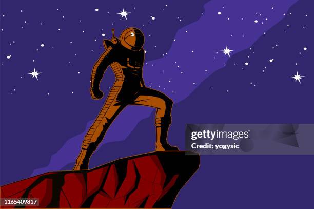 vector retro astronaut with stars background poster - scientist portrait stock illustrations