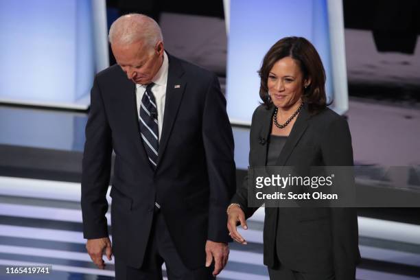 Democratic presidential candidates former Vice President Joe Biden and Sen. Kamala Harris greet each other at the Democratic Presidential Debate at...