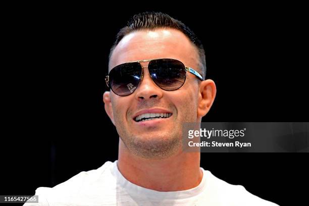 Colby Covington reacts during the UFC Fight Night Open Workouts at Prudential Center on July 31, 2019 in Newark, New Jersey.