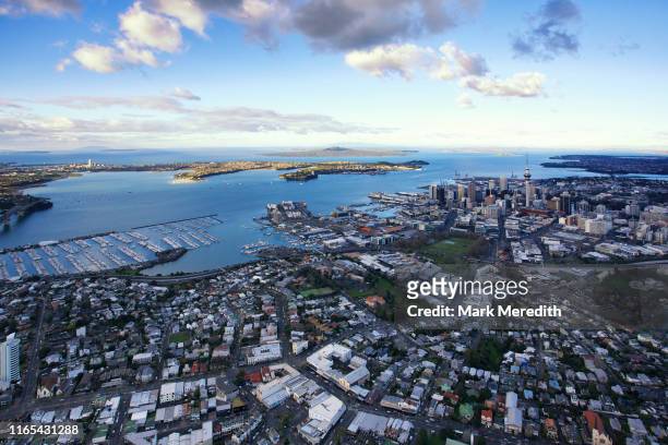 auckland city, cbd and waterfront from above - auckland aerial stock pictures, royalty-free photos & images