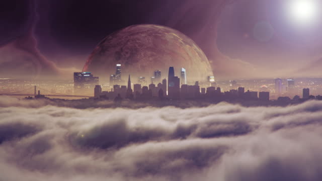 Planet rising above city skyline in a futuristic world