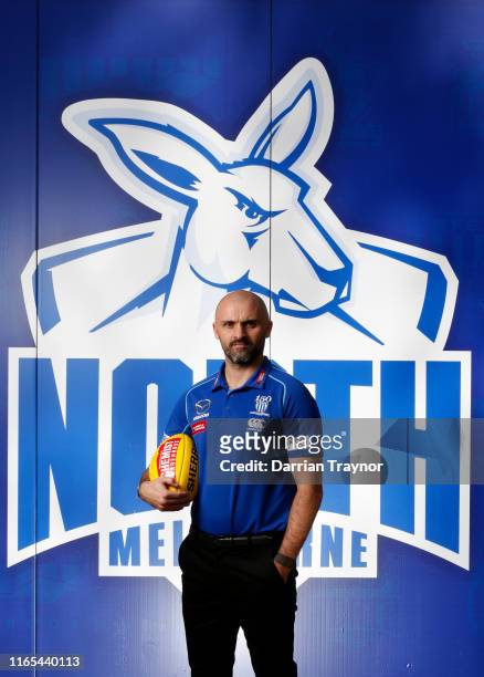 Newly announced North Melbourne Senior Coach Rhyce Shaw poses for a photo during a North Melbourne Kangaroos Media Opportunity at Arden Street Ground...