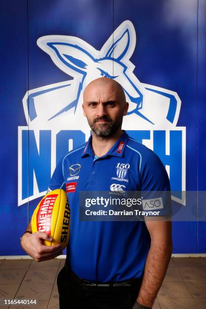 Newly announced North Melbourne Senior Coach Rhyce Shaw poses for a photo during a North Melbourne Kangaroos Media Opportunity at Arden Street Ground...