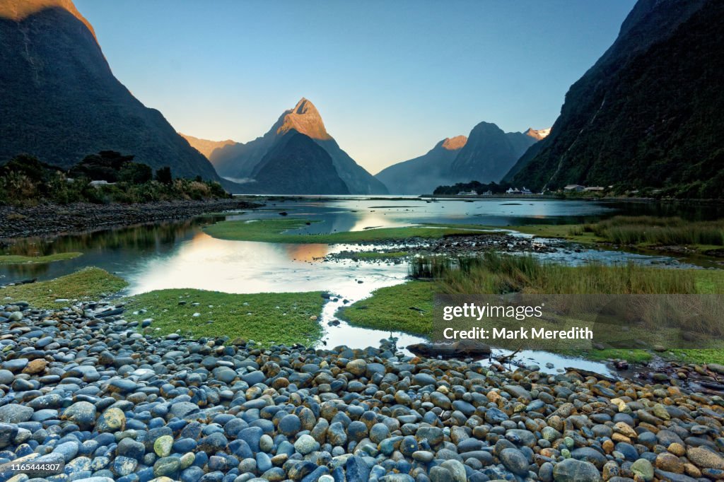 Sunrise over Mitre Peak in Milford Sound, Fiordland National Park