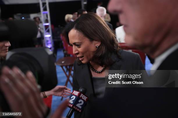 Democratic presidential candidate Sen. Kamala Harris speaks during a television interview in the spin room after the Democratic Presidential Debate...