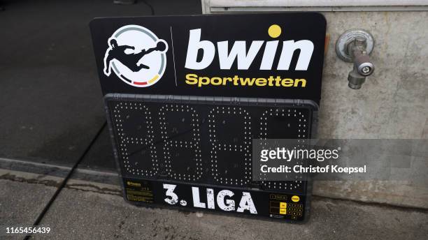The substitute board of the 3. Liga during the 3. Liga match between MSV Duisburg and Preussen Muenster at Schauinsland-Reisen-Arena on July 31, 2019...