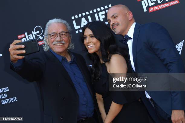 Actor Edward James Olmos, LALIFF Co-Founder, Dilcia Barrera, LALIFF Director of programming and Rafael Agustin, LALIFF Executive director attend the...