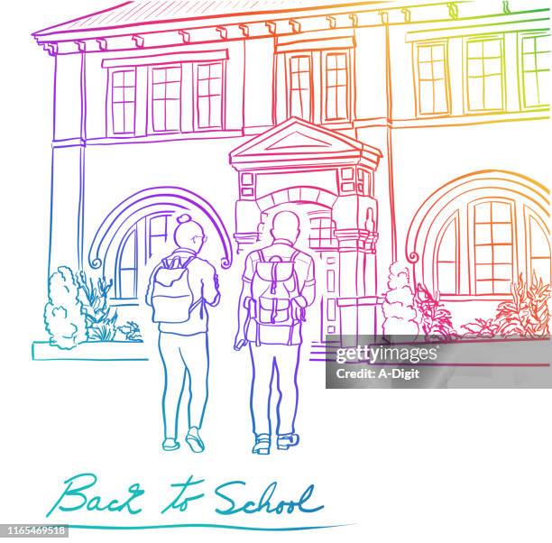 private school students rainbow - blue backpack stock illustrations