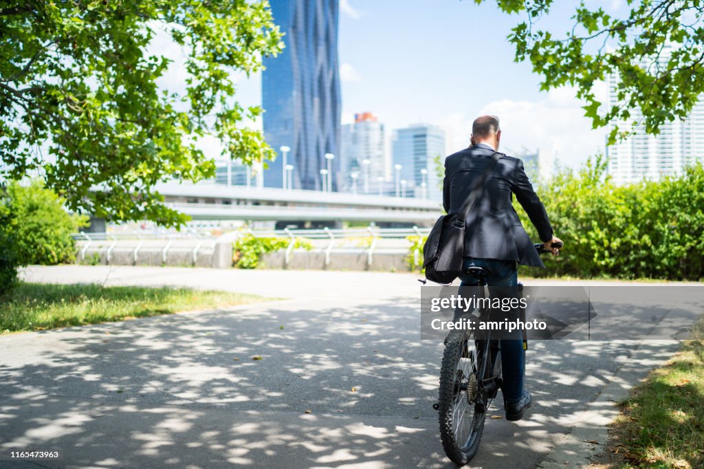 Sustainable lifestyle, back view business man on way to work on electric bicycle in urban park