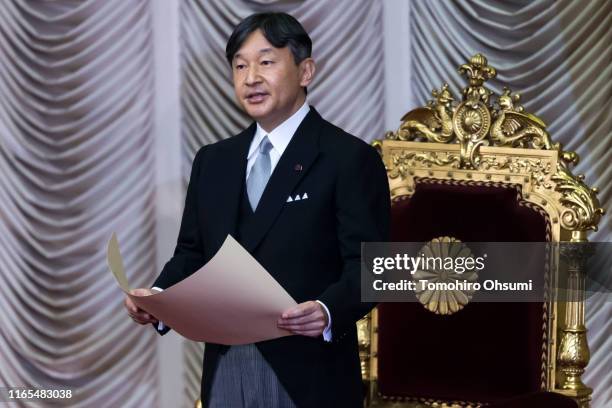 Japan's Emperor Naruhito declares the opening of an extraordinary session of the parliament on August 1, 2019 in Tokyo, Japan. Emperor Naruhito...