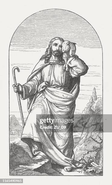 jesus as the good shepherd, wood engraving, published in 1895 - lamb white background stock illustrations