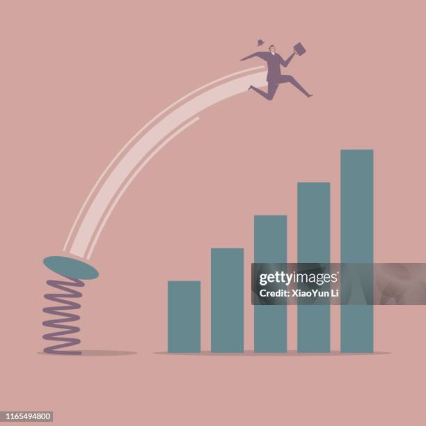 bildbanksillustrationer, clip art samt tecknat material och ikoner med affärsman korsade diagrammet med hjälp av en fjäder språngbräda. - hoppa