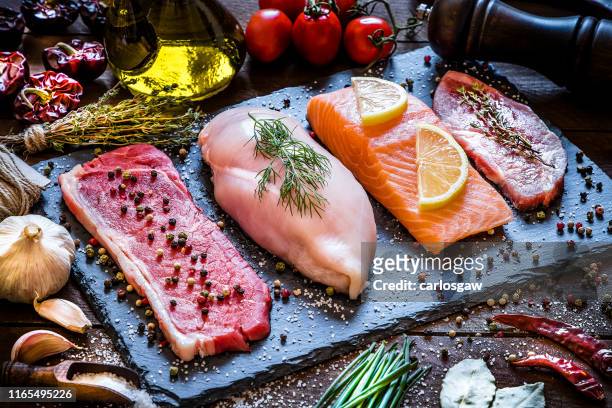 different types of animal protein - meat imagens e fotografias de stock