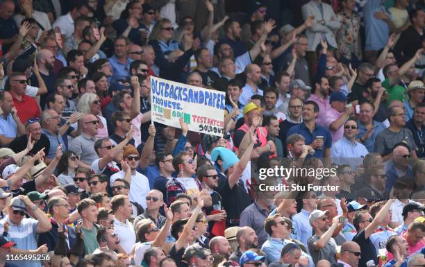 England fans wave off Australia batsman Cameron Bancroft after he was dismissed during day one of the First Specsavers Ashes Test Match between...