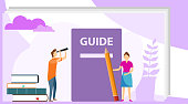 Instructions Manual Concept. User manual flat style vector concept. People, surrounded with some office stuff, are discussing content of guide book. User Information, Business Element.