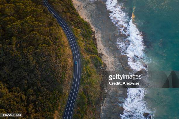 great ocean road aerial in sunrise - great ocean road stock pictures, royalty-free photos & images