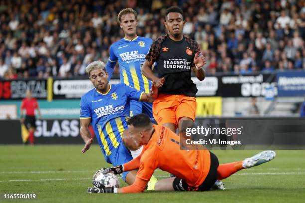 Paul Quasten of RKC Waalwijk, Melle Meulensteen of RKC Waalwijk, RKC Waalwijk goalkeeper Etienne Vaessen, Donyell Malen of PSV during the Dutch...