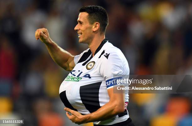 Kevin Lasagna of Udinese Calcio celebrates after scoring the opening goal during the Serie A match between Udinese Calcio and Parma Calcio at Stadio...