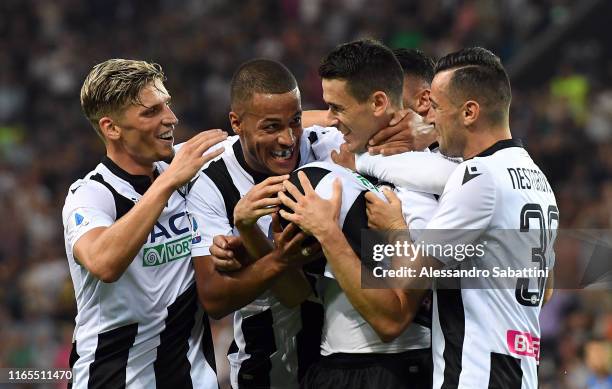 Kevin Lasagna of Udinese Calcio celebrates after scoring the opening goal during the Serie A match between Udinese Calcio and Parma Calcio at Stadio...