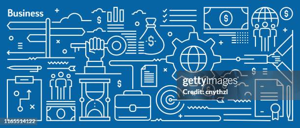 vector business related banner design in trendy linear style. line art style abstract pattern for web page, banner, presentation - laptop explain stock illustrations
