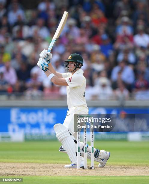 Australia batsman Steve Smith hits out during day one of the First Specsavers Ashes Test Match between England and Australia at Edgbaston on August...